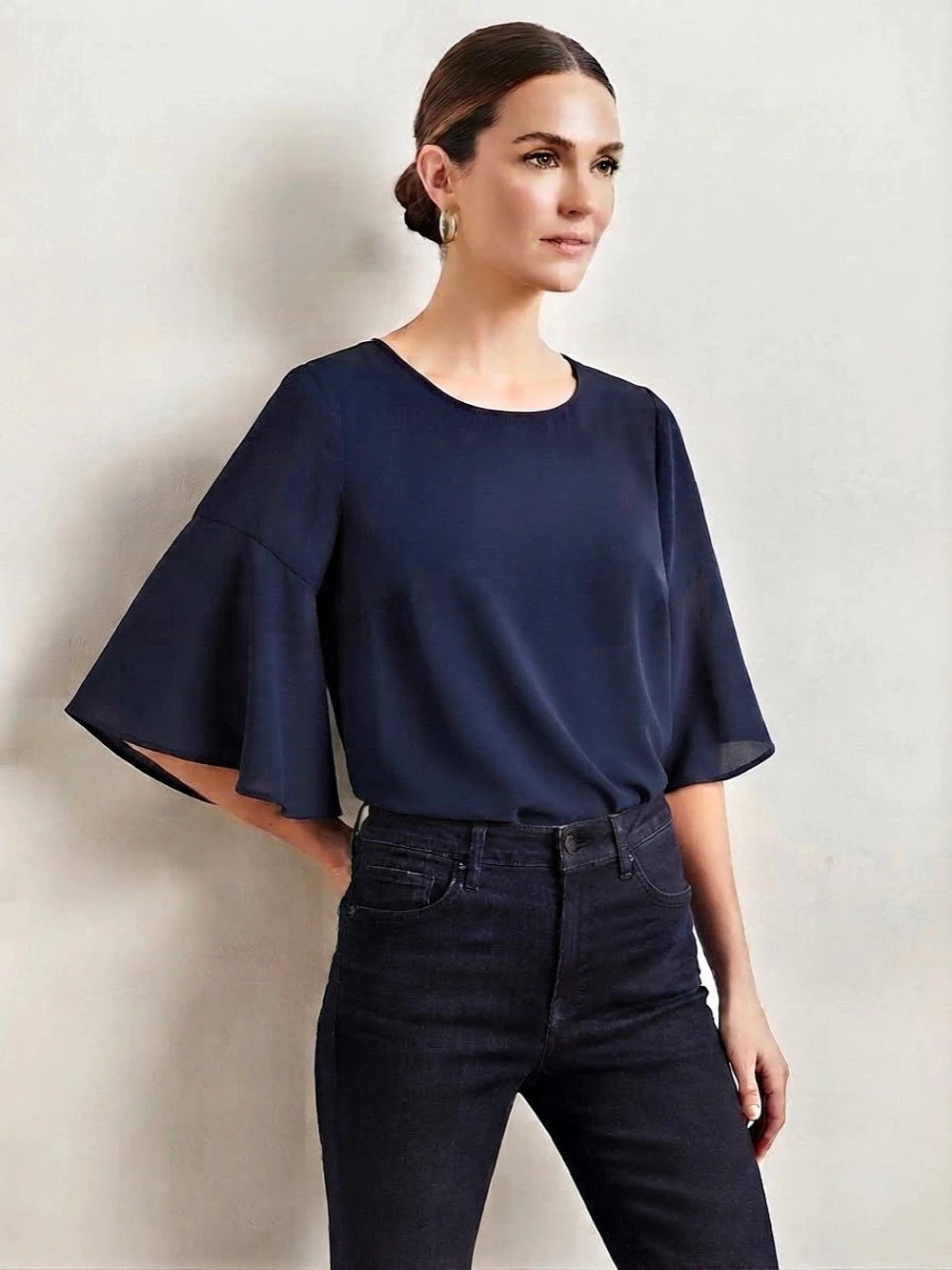 LOFT Outlet Petite Navy Mixed Media Bell Sleeve Top